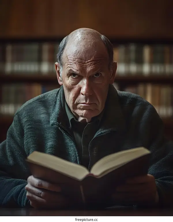 Senior Man Reading Book in Library