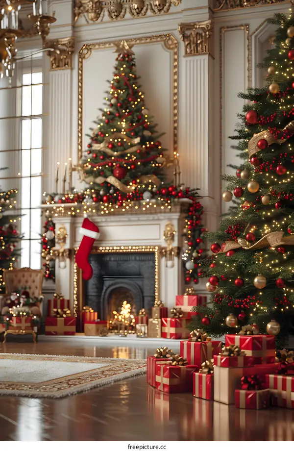Exquisitely decorated Christmas tree by the fireplace