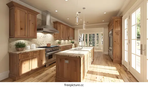 A beautiful kitchen with a large island and stainless steel appliances