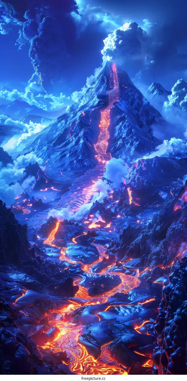 The volcano is erupting and the lava is flowing down the mountainside