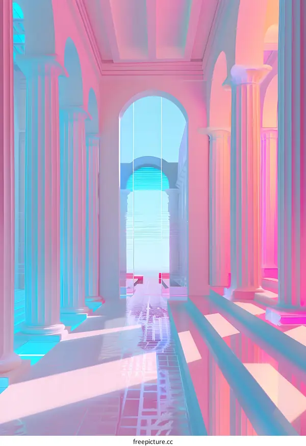 Pink and Blue Hallway with Columns