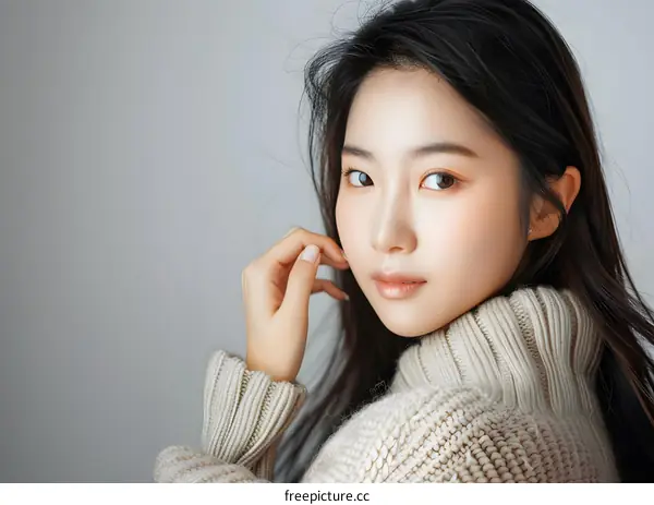 Beautiful Asian Woman Wearing Beige Knitted Sweater