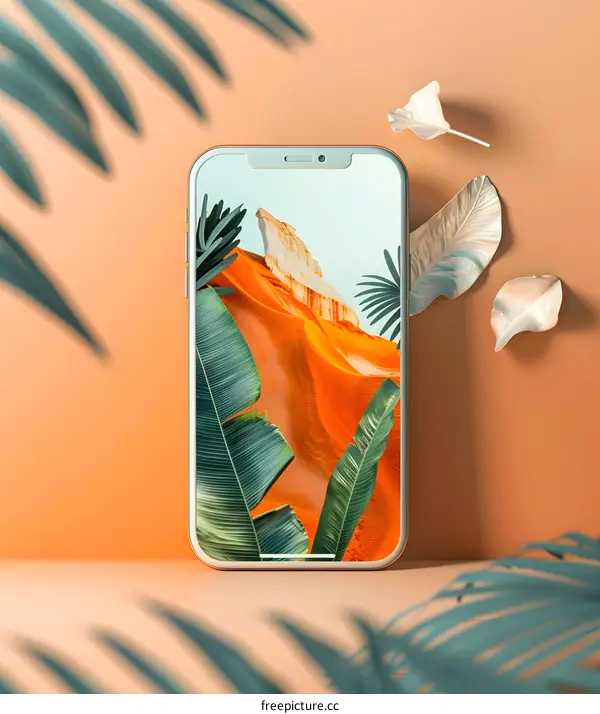 Orange Sand Dune Background with Green Leaves on a Smartphone Screen