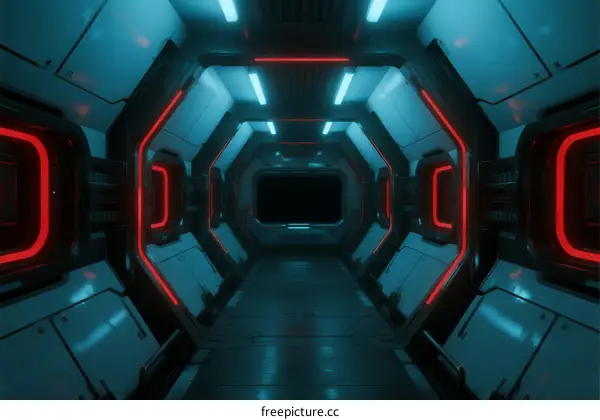Futuristic Sci-Fi Corridor with Red Neon Lighting
