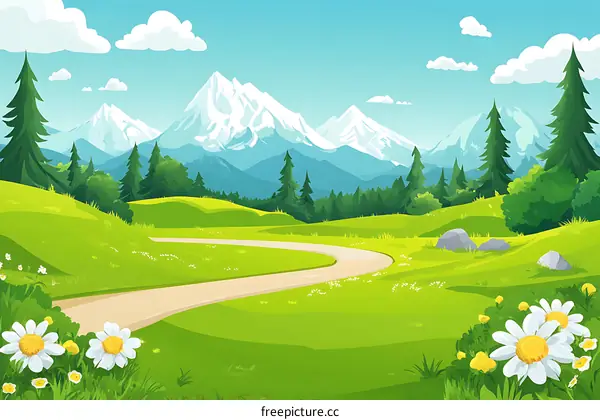 Mountain Landscape with Green Grass and Winding Road