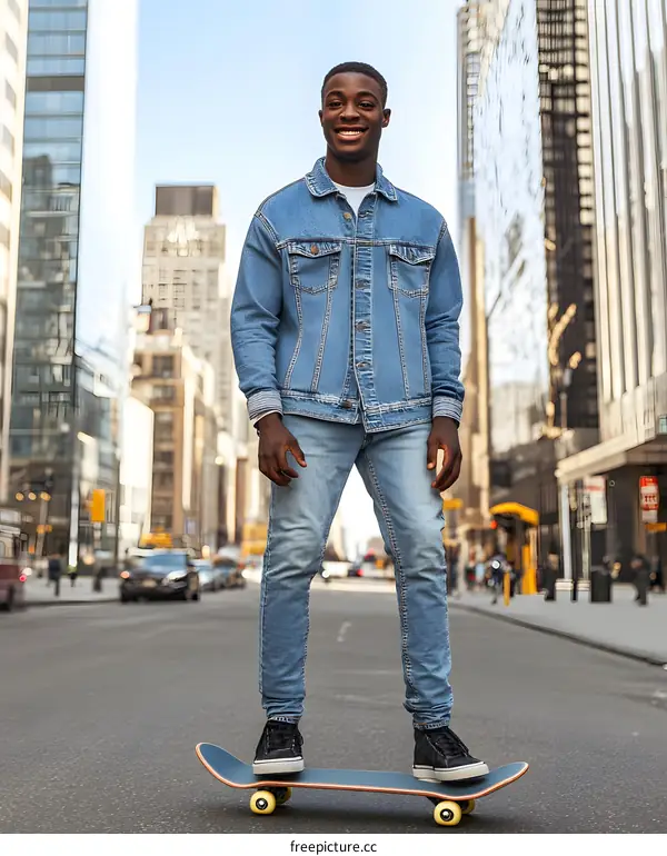 Smiling African American Man Skateboarding in Urban City