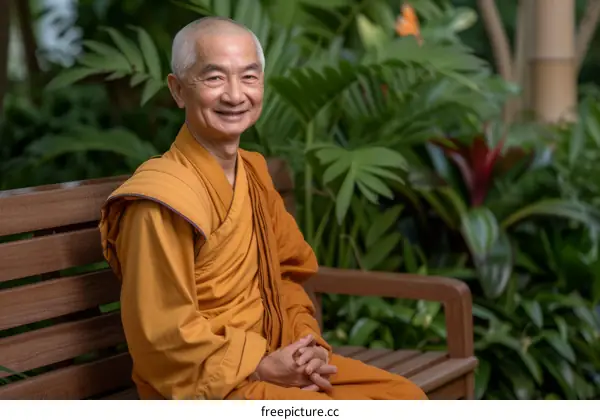 A portrait of a Buddhist monk sitting on a bench in a garden