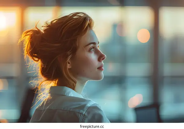 portrait of a young woman looking out a window