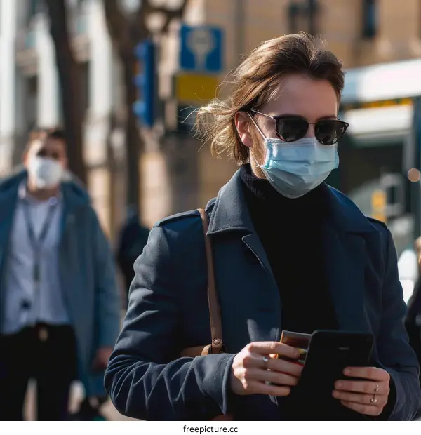 woman wearing a mask and sunglasses while using her phone