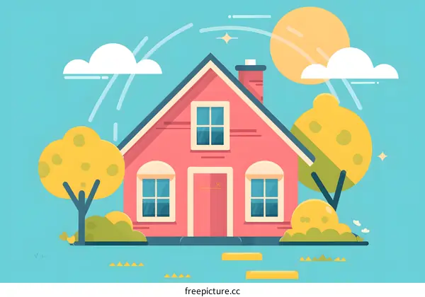 Cute Cartoon Pink House with Yellow Trees
