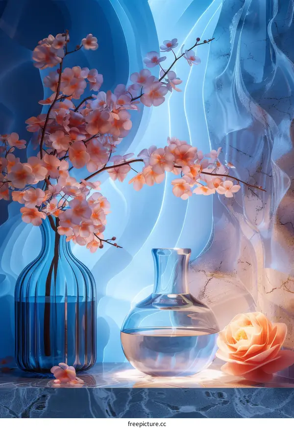 Flowers in Vases on Marble Shelf