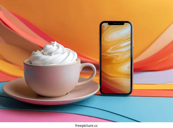 Whipped Cream Coffee Cup And Smartphone On Colorful Background