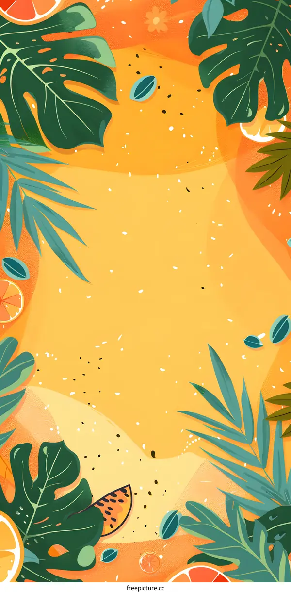Summer Tropical Background With Orange Slices And Green Leaves Illustration
