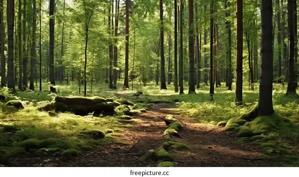 Sunbeams Through a Green Forest Path