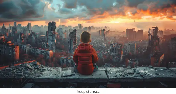Little boy sitting on a ruined building looking at the destroyed city
