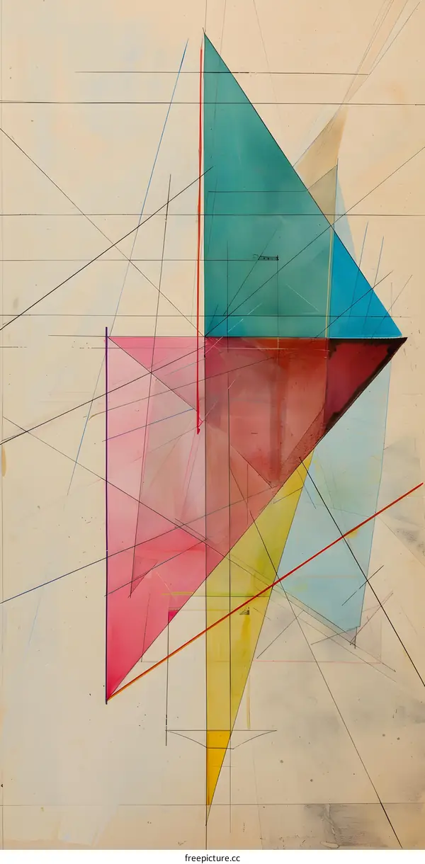 Abstract Geometric Watercolor Painting with Triangles and Lines