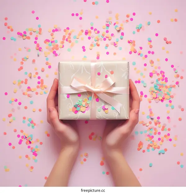 A woman holding a gift with confetti falling from above