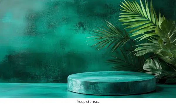 Teal Background with Tropical Plants and Display Platform