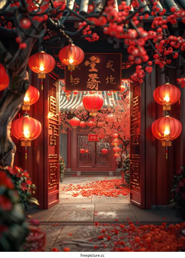 Chinese New Year Courtyard with Red Lanterns