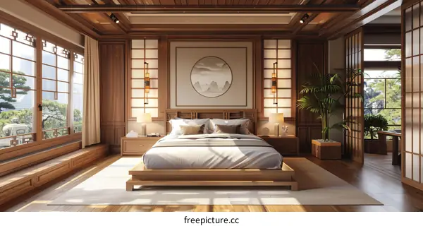 An Asian-style bedroom with a large bed, a painting, and a potted plant