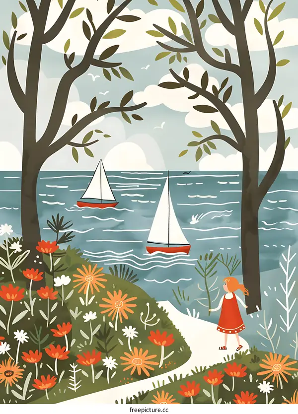 Little Girl Watching Sailboats on the Sea