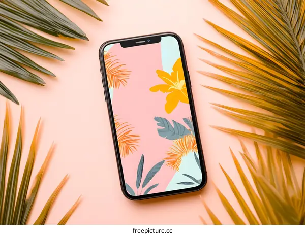 Phone with Tropical Leaves Background