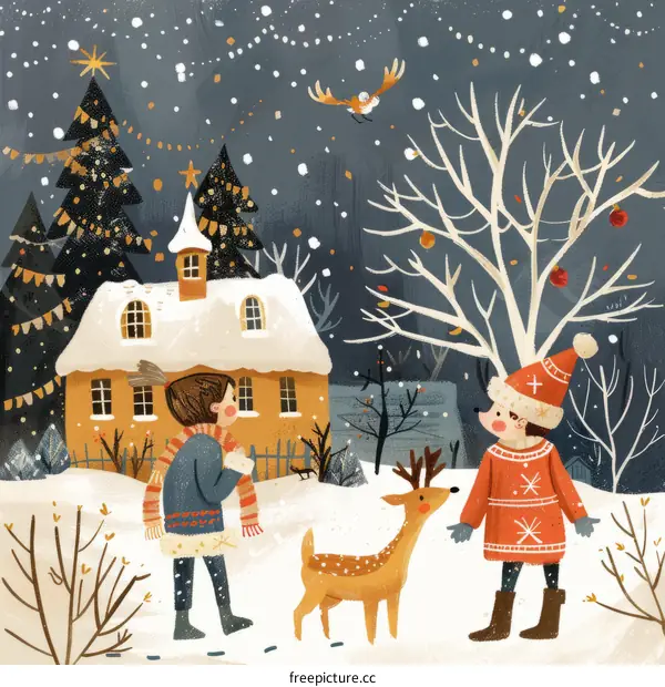 Two Kids and a Reindeer in a Snowy Forest on Christmas Eve