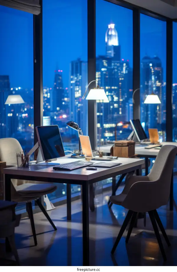 Modern empty office interior with panoramic night city view. Workplace with computer, desk and supplies.