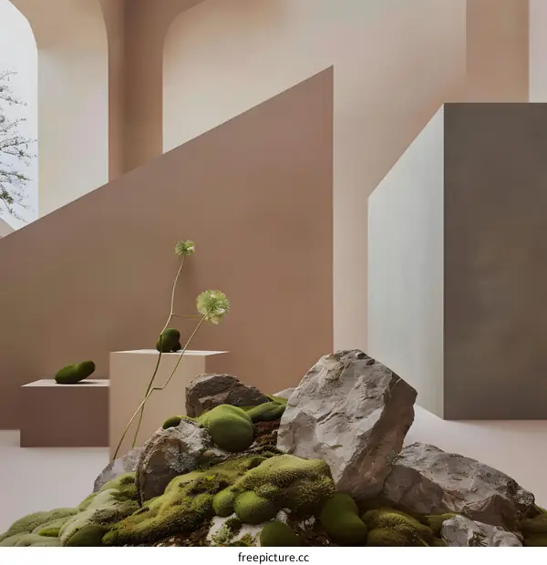 Minimalist Interior Design with Rocks and Moss