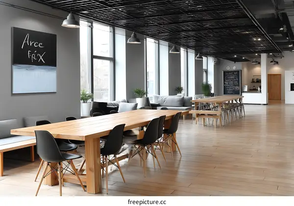 Modern Office Breakroom with Large Wooden Table