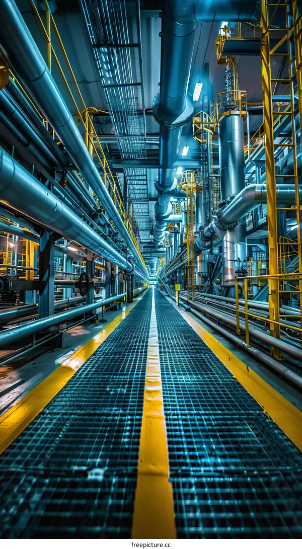 The innards of a factory with blue and yellow pipes