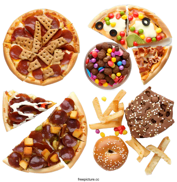 [Transparent Background PNG]Assorted Pizza, French Fries, Bagel and Brownie Food Flat Lay