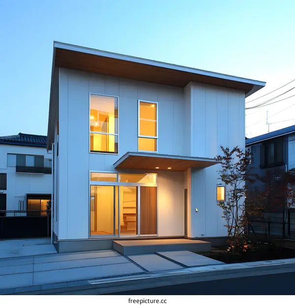 Modern White House with Wooden Accents and Large Windows