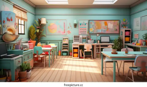 A Classroom with Blue Decor and Plants