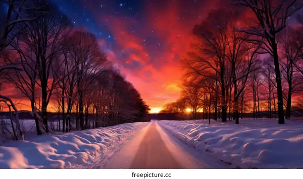 A beautiful winter landscape with a road, trees, and a setting sun