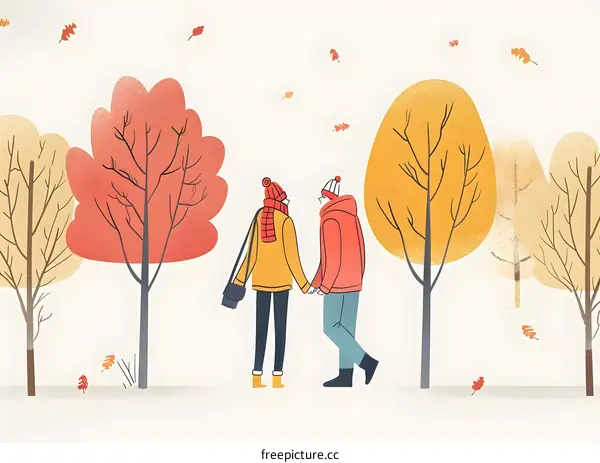 Couple Walking in Autumn Forest Illustration