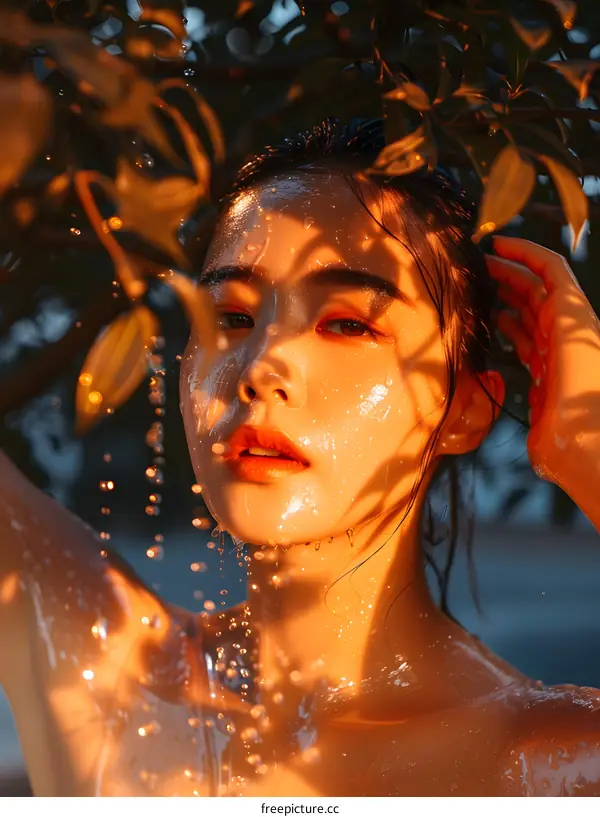 Asian Woman in Water Drops and Sunlight