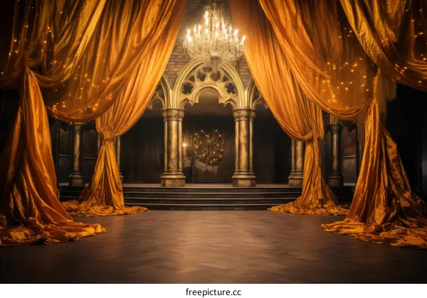 Golden Stage with Red Velvet Curtains: A Fantasy Interior