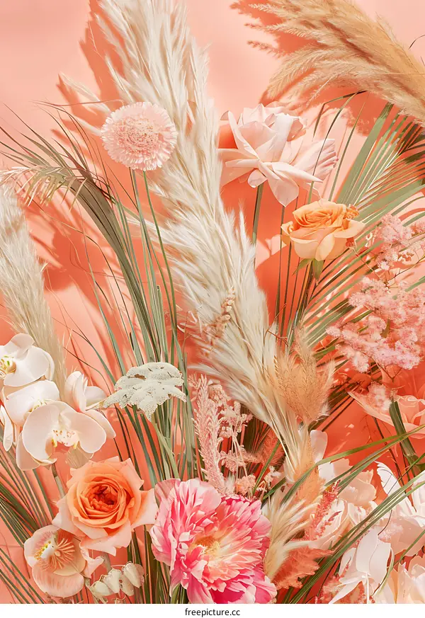 Pastel Colored Flowers Arrangement with Dried Pampas Grass