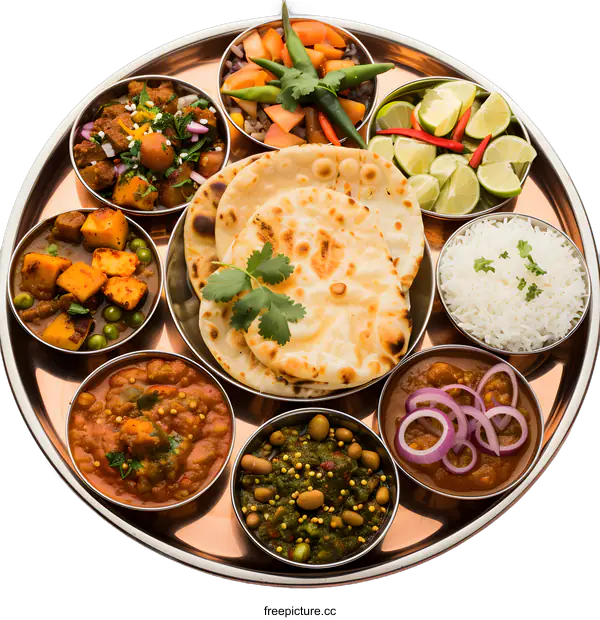 [Transparent Background PNG]Aloo Gobi Mutter Paneer and Dal Makhani with Naan and Rice