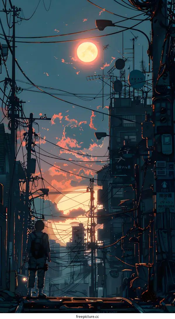 Silhouette Of A Person Standing In An Alleyway In A City With The Sun Setting In The Background