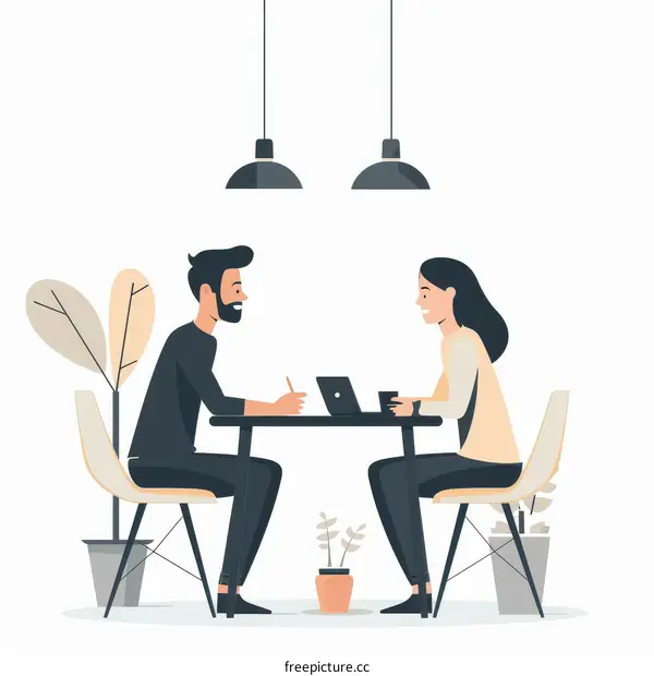 A man and a woman are sitting at a table and talking