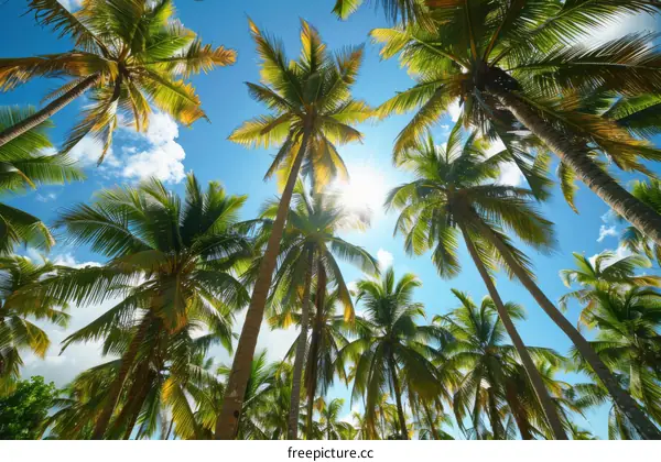Tall coconut palm trees against the blue sky and bright sun