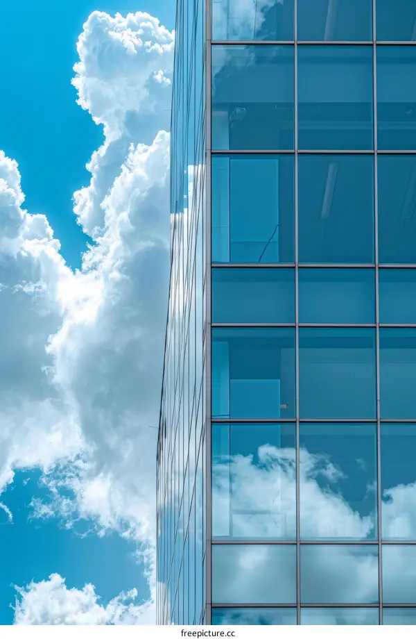 Blue Glass Skyscraper with Clouds and Sunlight