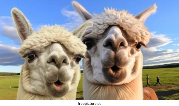 Two surprised alpacas looking at the camera