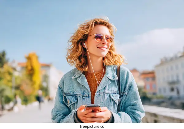 Young Woman Outdoors Listening to Music on Smartphone
