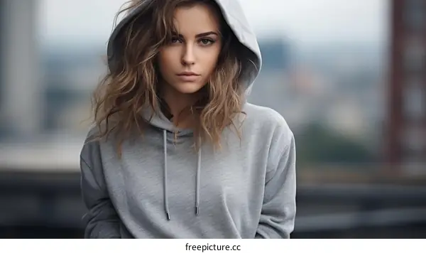 Portrait of a young woman in a gray hoodie looking at the camera with a serious expression