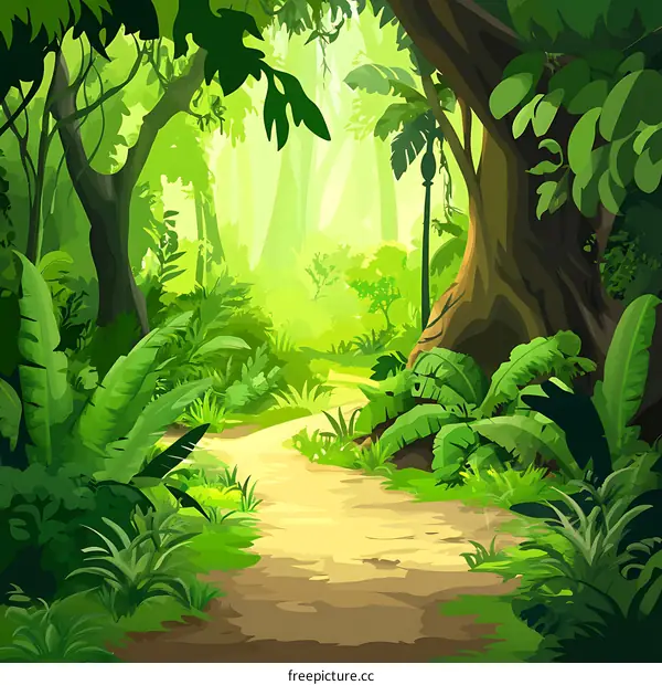 Green Lush Jungle Path With Sunlight