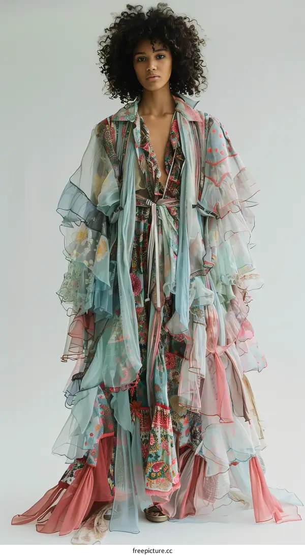 A Model Poses in a Runway Fashion Show Wearing a Colorful Floral Print Dress