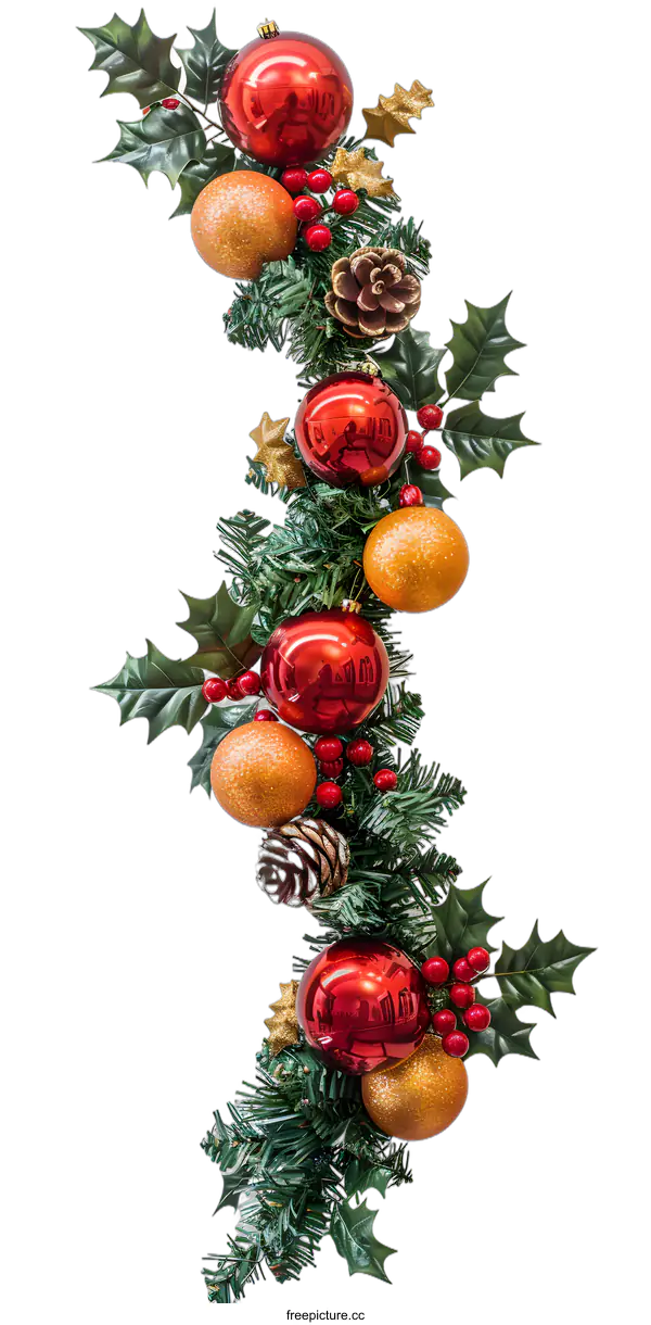 [Transparent Background PNG]Red and Gold Christmas Garland with Holly and Pine Cones